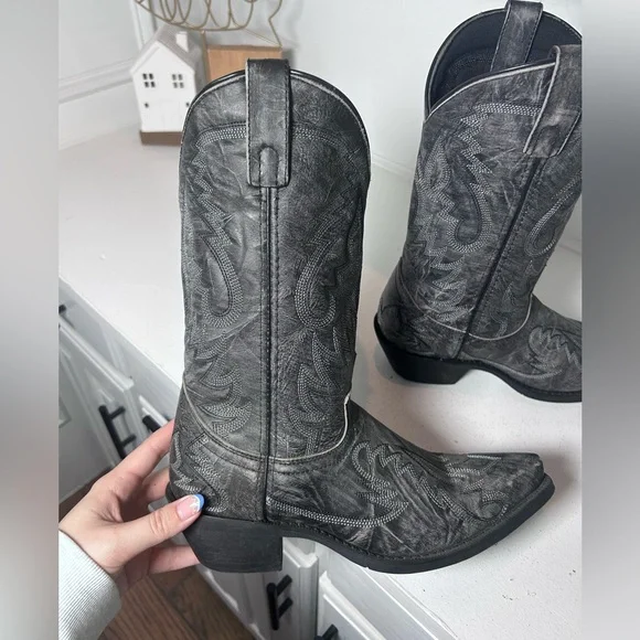Laredo Black Western Boots Mens 7.5D Womens 9 Leather Cowboy Inlay Classic - Picture 6 of 8